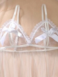 DelicateAllure Váy ngủ Babydoll ren chắp vá gợi cảm màu tương phản nơ mỏng dành cho nữ - trắng - Xem 3