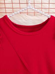 Cute Red Autumn Knit Dress For Tween Girls,Featuring Puff Sleeves,Ruffle Shoulders,And Heart-Shaped Backpack,Elegant For Christmas Events And Party - Red - View 3