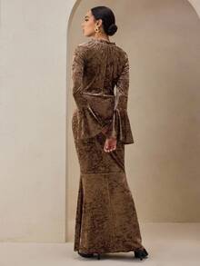 Graceveil Women's Mocha Brown Velvet Ruffle Collar Tie Waist Flare Long Sleeve Dress - Mocha Brown - View 2