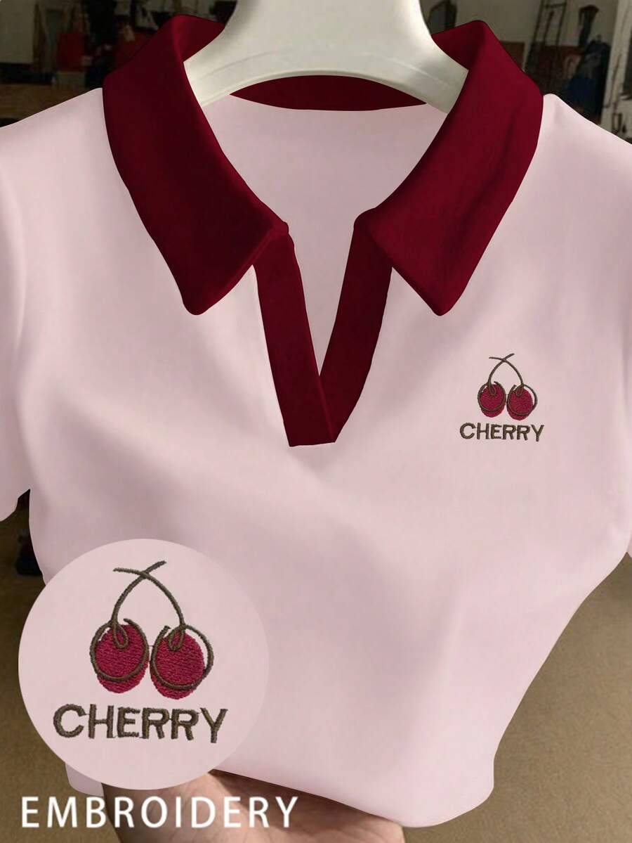 INAWLY Kaos Polo Lengan Pendek Kasual Wanita dengan Motif Huruf dan Ceri Warna Kontras - Baby Pink - View 1