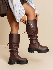 Daringsoles Kozaki na platformie z grubą podeszwą, sięgające do kolan, elastyczne buty, modne buty na grubym obcasie z okrągłym noskiem, uniwersalne buty damskie - Brązowy - Zobacz 9