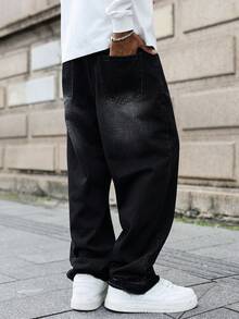 Manfinity EMRG Men's Casual Loose Fit Distressed Black Denim Jeans, Perfect Holiday Gift For Boyfriend & Husband Black Baggy Jeans Men Men Jeans Loose Fit Black Mens Jeans