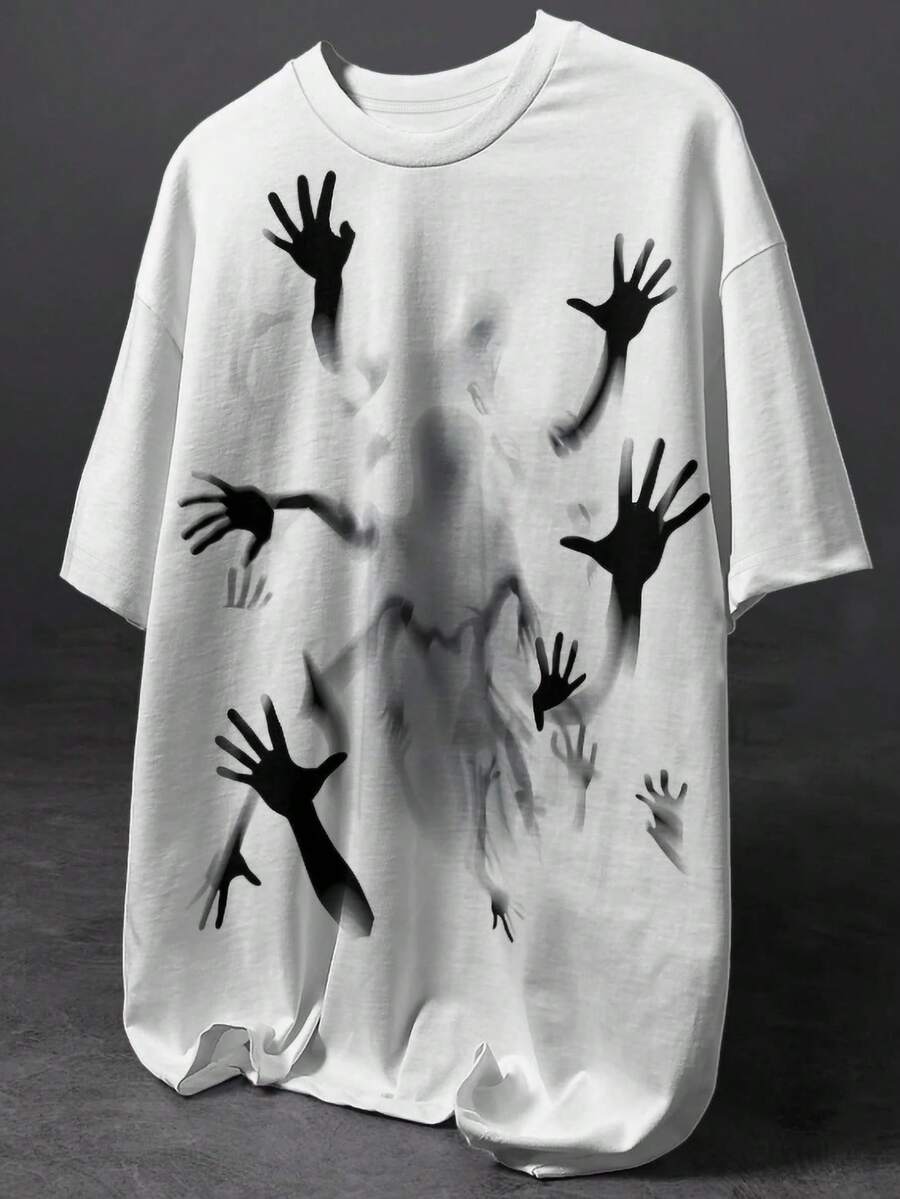 Manfinity Dauomo 热门推荐：简约朋克暗黑街头风鬼手印花男士T恤，适合一年四季的街头时尚男士。 - 彩色 - 查看 1