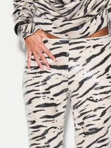 KIZN Sequin Zebra Print High Rise Flare Trousers With Puddle Hem For Evening Parties - Black and White - View 4