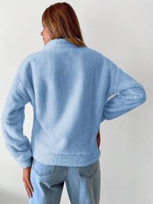 EURMUSE Women's Casual Solid Color Half-Zip Drop Shoulder Loose Fluffy Hoodie, Autumn/Winter - Baby Blue - View 2