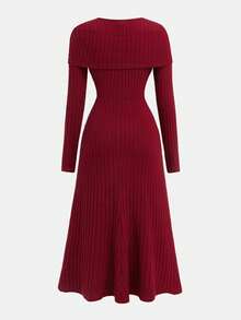 少女优雅修身铆钉领结披肩领长袖毛绒罗纹连衣裙，酒红色，适合圣诞节、新年、派对、舞会礼服 - 灰色 - 查看 5