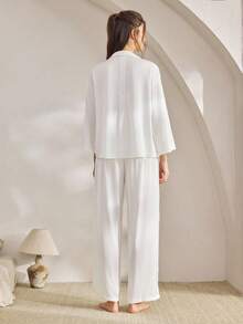 Ocili 女士丝滑缎面宽松七分袖睡衣套装，秋季服装 - 白色 - 查看 4