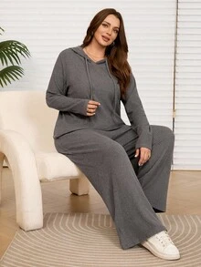 EMERY ROSE Bộ 2 áo hoodie và quần dài màu xám đậm thường ngày cỡ lớn dành cho nữ có túi, mùa thu/đông - Màu xám đen - Xem 4