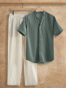 Manfinity VCAY 2 件套男士棉混纺纹理休闲短袖衬衫和宽松亚麻裤，夏季 - 軍綠色 - 查看 1