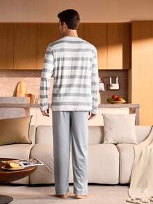 SHEIN Provexi Striped Crew Neck Long Sleeve Solid Color Pants Plus Size Men Pajama Set - Multicolor - View 2