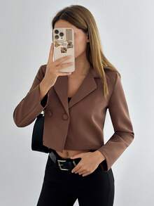 EURMUSE Women's Solid Color Long Sleeve Two-Button Short Casual Blazer - Brown - View 4