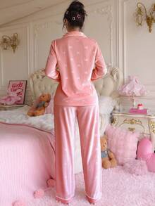 PetitDoll Women's Solid Color Bow Jacquard Velvet Cardigan And Pants Sleepwear Set, Autumn/Winter Soft Pajamas Set Button Up Pajama Set Two Pieces Sleepwear Set Sleep Wear Women 2 Pieces Set Fall Clothes - Pink - View 2
