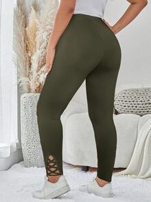 SHEIN LUNE 加大码镂空纯色健身紧身裤，非常适合运动装健身房女装 - 軍綠色 - 查看 2