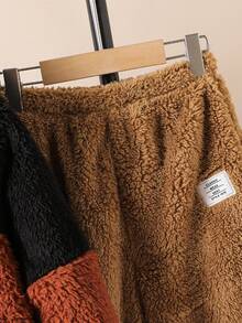 2pcs Tween Boys Casual Fleece Patchwork Contrast Color Hoodie Sweatshirt And Solid Color Sweatpants Set, Autumn/Winter - Brown - View 4