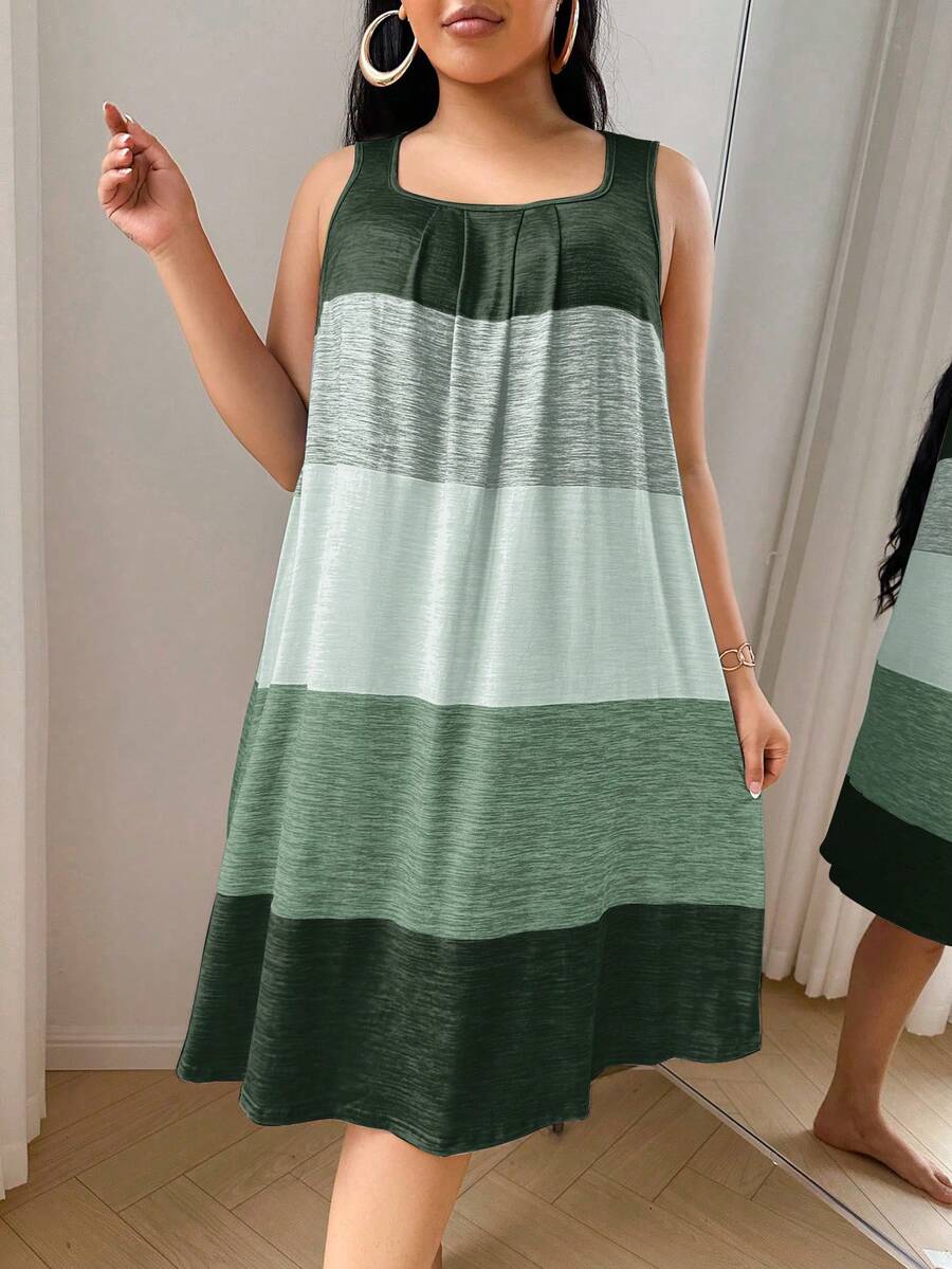 SHEIN Plus Size Colorful Striped Print Casual Nightgown Green Dress Women, Moo Moo Night Dress - Dark Green - View 1