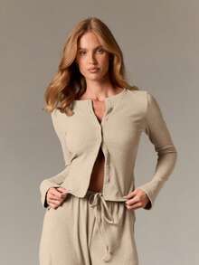 AiiRZ 罗纹针织两件套长袖开衫阔腿裤家居服秋冬休闲装 - 杏色 - 查看 4