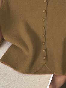 Franclia 休闲宽松高领无袖针织纽扣设计红色女式毛衣上衣，春秋 - 卡其色 - 查看 5