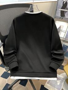 SHEIN 青少年男孩拼色字母图案圆领运动衫，休闲学院风，舒适百搭，适合日常穿着、上学、户外活动、秋冬季 - 黑色 - 查看 3