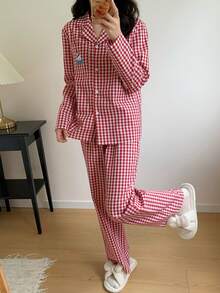 女士宽松舒适红色格子休闲简约兔子刺绣图案两件套睡衣套装 - 紅白色 - 查看 4