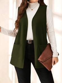 EMERY ROSE Plus Size Solid Color Sleeveless Loose Pocket Simple Casual Jacket,Spring/Summer,Summer,Vacation Woman / Vacation/Winter - Army Green - View 4