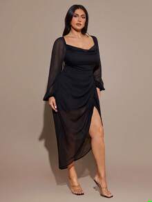 SHEIN BAE Plus Size Women Black Chiffon Long Sleeve Split Ruched Dress - Black - View 4