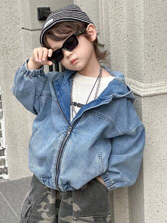DAZY Toddler Boys' Loose Casual Hooded Denim Jacket And Outerwear, Street Cool Style, Autumn
