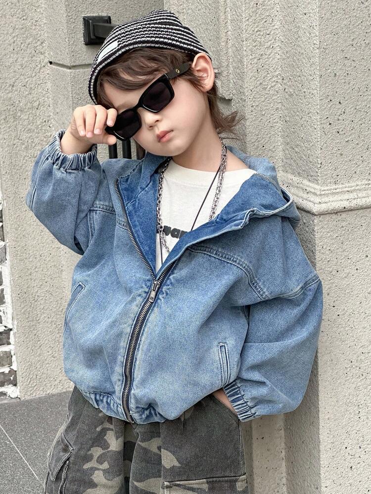Toddler Boys' Loose Casual Hooded Denim Jacket And Outerwear, Street Cool Style, Autumn