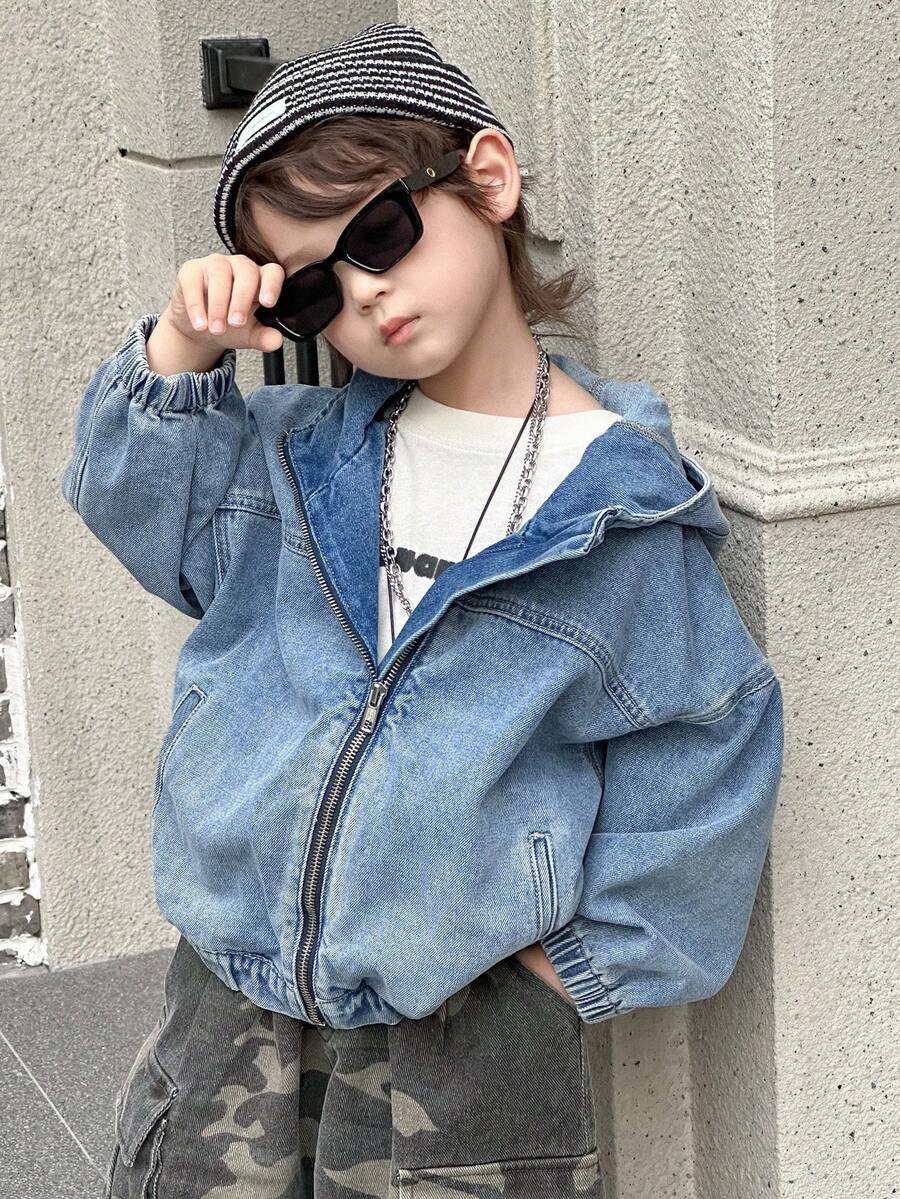 DAZY 幼儿男童宽松休闲连帽牛仔夹克和外套，街头酷炫风格，秋季 - 藍色 - 查看 1