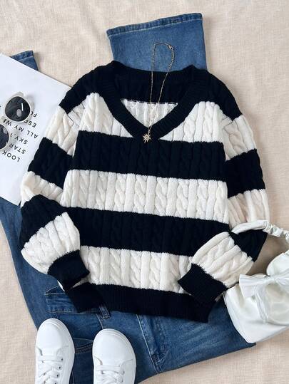 SHEIN Genkimix Kids 女童条纹拼色麻花针织 V 领灯笼袖超大套头衫，适合秋冬外出