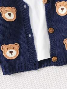 Cozy Pixies Baby Boy Cartoon Bear Pattern V-Neck Long Sleeve Cardigan Sweater