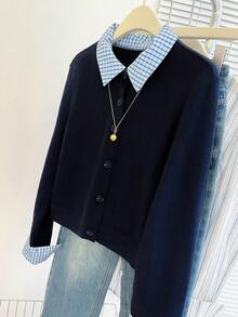 SHEIN Franclia 女式格子拼布翻领长袖单排扣休闲夹克，秋季 - 彩色 - 查看 5
