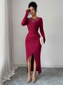 Rafferiza Burgundy Autumn Elegant Dining Women Red Dress, Party Hot Brick Pleats Waist Hem Slit Hip Wrap Shiny Long Christmas New Year Dress For Ladies - Red - View 3