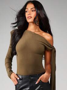 MISSGUIDED One Shoulder Draped Bodysuit With Long Sleeve Tie Detail For Evening Party Occasions - Army Green - View 3