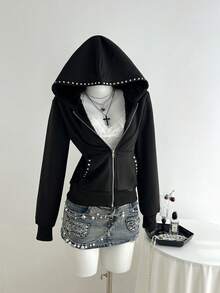 Elamini Women's Casual Versatile Commuter Gothic Style Rivet Decor Zipper Front Hooded Fleece Jacket, Autumn/Winter - Black - View 4