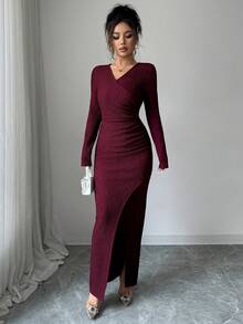 Modelyn Damen gestricktes rotes langärmliges figurbetontes Kleid aus strukturiertem Stoff, geeignet für Ausgänge - Rot - Übersicht 7