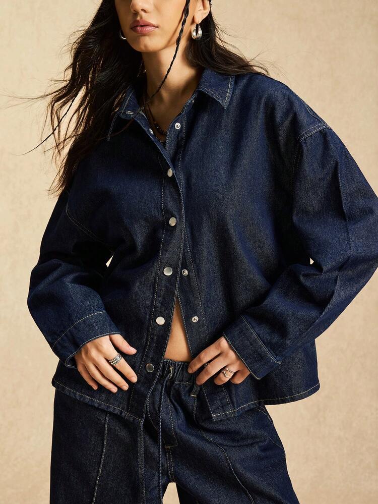 Easelle جاكيت جينز نسائية كاجوال فضفاضة ذات صف أزرار واحد، للربيع/الخريف - أزرق داكن - مشاهدة 3