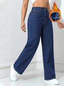 Jeanoix 休闲水洗高腰直筒牛仔裤 - 深色水洗藍 - 查看 3