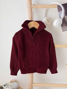 SHEIN Baby Boy/Girl Burgundy Autumn/Winter Collegiate Vintage Textured Intarsia Solid Color Knit Soft Mock Neck Zip-Up Long Sleeve Pullover Top, Soft & Comfortable For School, Home, Outings, New Year Baby Clothes Girl Fall Sweater Toddler Sweaters Baby Boy Burgundy Clothes Baby Boy Sweaters Baby Solid Color Knitted Sweater - Burgundy - View 3