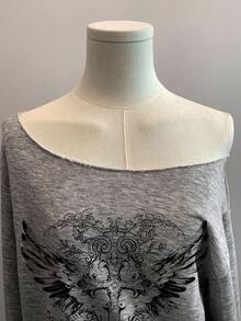 Attitoon 浅灰色休闲复古朋克 Y2K 女式宽松露肩长袖运动衫，带十字架和花卉印花，适合秋冬穿着 - 淺灰色 - 查看 5