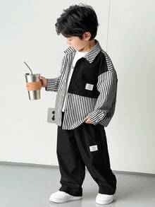 SHEIN 2 件套年轻男童舒适日常休闲宽松韩版时尚条纹长袖衬衫和裤子套装，适合春季、夏季、秋季、冬季、日常穿着、运动、郊游、学校、派对、节日、拍照、返校季 - 黑色 - 查看 7