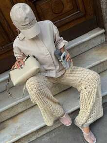 INAWLY 女士春秋季纯色宽松落肩长袖休闲夹克，带口袋，女士春秋季休闲串珠，仿珍珠，口袋落肩圆领超大米色纯色女士夹克，休闲日常穿着 - 米色 - 查看 4