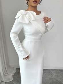 Selianne 女装 2025 春/秋新款圆领肩部 3D 花卉装饰袖纽扣装饰 A 字腰开叉下摆优雅淑女别致连衣裙，法式长袖长裙，适合 20-35+ 女性度假/晚装，白色 - 米色 - 查看 3