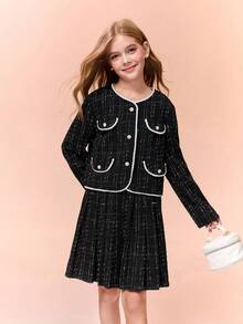 青少年女孩优雅仿珍珠饰边夹克和裙子套装，秋季 - 黑色 - 查看 5