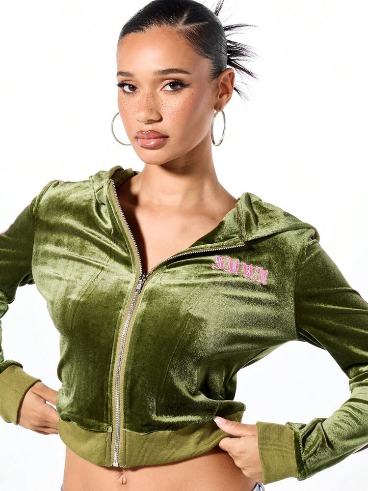 SUMWON WOMEN Velour Zip Through Cropped Hoodie With Drawstring