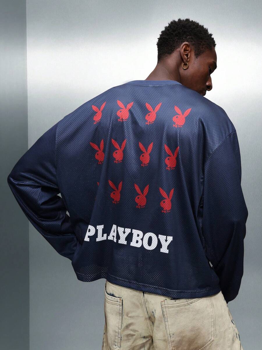 PLAYBOY X SUMWON 宽松版型兔子印花足球网眼长袖衬衫 - 藍色 - 查看 1