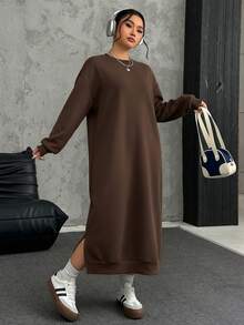 SHEIN EZwear 大码宽松休闲长款羊毛卫衣连衣裙，秋冬 - 棕色 - 查看 5