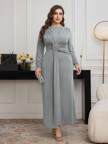 Modelyn Vestido de manga larga de cuello redondo minimalista y casual de unicolor para tallas grandes - Verde - Ver 5
