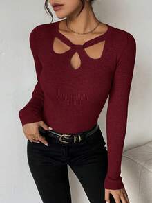 SHEIN Clasi Maglia basic donna con colletto traforato, tinta unita, casual business, abbigliamento da lavoro, abito da invitata a matrimonio autunnale