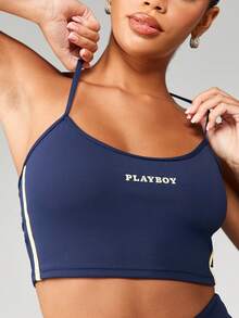 Missguided x Playboy Open Back Sports Bra With Contrast Piping And Logo Detail For Active Lifestyle - Blue - View 1