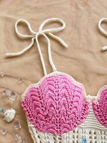 Dreamara Plus Size Women's Holiday Peach Starfish Decor Double Ruffle Hem Knit Dress, Suitable For Vacation, Date, Afternoon Tea, Beach, Cruise, City Trip, Wedding Season, Music Festival - Multicolor - View 6